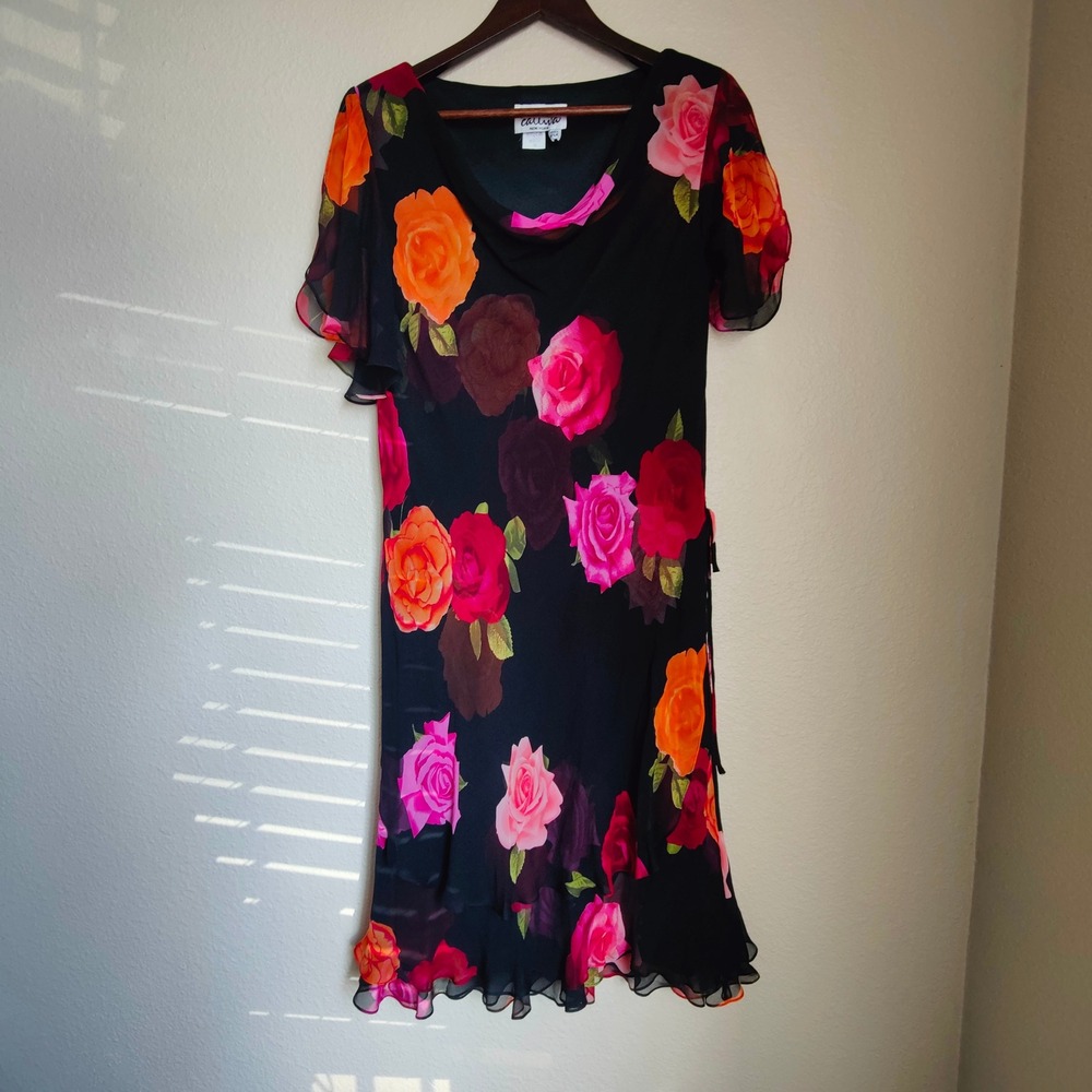 VTG Cattiva 100% Silk Midi Dress Rose Illusion‎ Floral Cowl Flutter 12 Fairycore